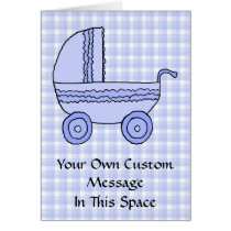 Baby Stroller. Light Blue on Check Pattern. Cards