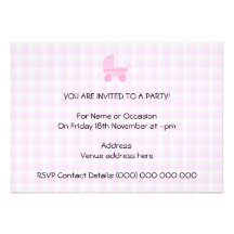 Baby Stroller. Light Pink on Pink Gingham. Personalized Invitations