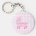 Baby Stroller. Light Pink on Pink Gingham. Key Chain
