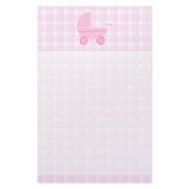 Baby Stroller. Light Pink on Pink Gingham. Stationery Design