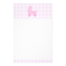 Baby Stroller. Light Pink on Pink Gingham. Stationery Design