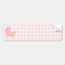 Baby Stroller. Pink and Yellow on Pink Check. Bumper Stickers