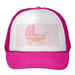 Baby Stroller. Pink and Yellow on Pink Check. Hat