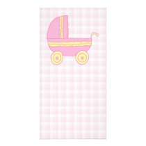 Baby Stroller. Pink and Yellow on Pink Check. Custom Photo Card