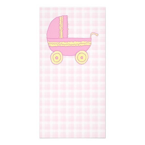 Baby Stroller. Pink and Yellow on Pink Check. Custom Photo Card
