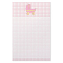Baby Stroller. Pink and Yellow on Pink Check. Stationery Design