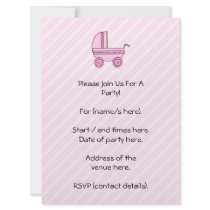 Baby Stroller. Pink on Light Pink Stripes. Custom Invites