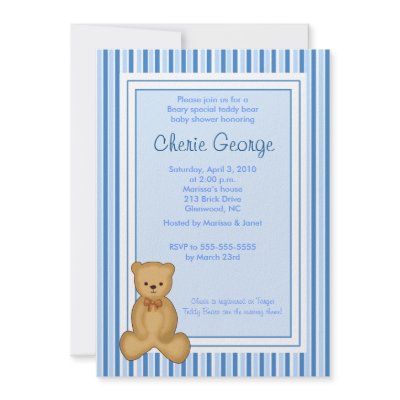 Baby Teddy Bear Blue Stripe Baby Shower Invitation by allpetscherished