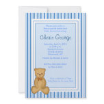 Baby Teddy Bear Blue Stripe Baby Shower Invitation