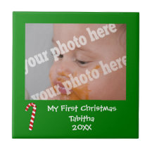 Babys First Christmas Candy Cane Photo Frame Tile