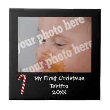 Babys First Christmas Candy Cane Photo Frame Tile