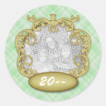 Baby's First Christmas Light Green Plaid Round Stickers