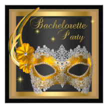 Bachelorette Party Gold Mask Black Personalized Invites