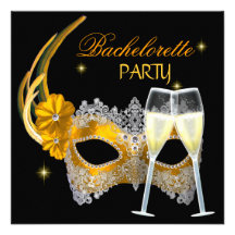 Bachelorette Party Gold Mask Champagne Black Custom Invites