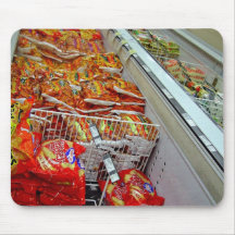 Bags of chips in freezer cabinet mouse pads