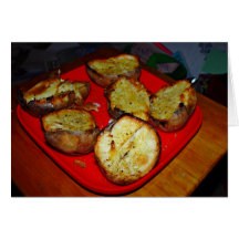 Baked Potatoes on red plastic plate Greeting Cards