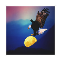 Bald eagle chases the full moon large stretched canvas print