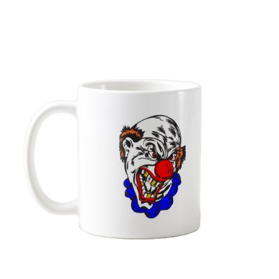 bald evil clown coffee mug by halloweenie