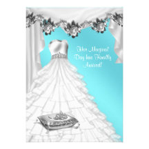 Ball Gown Tiara White Rose Teal Quinceanera Personalized Announcement