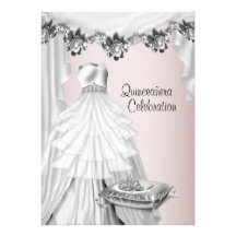 Ball Gown Tiara White Roses Princess Quinceanera Personalized Invitation