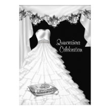 Ball Gown Tiara White Roses Princess Quinceanera Announcements