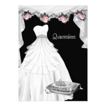 Ball Gown Tiara White Roses Princess Quinceanera Personalized Announcement