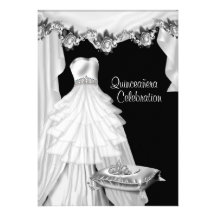 Ball Gown Tiara White Roses Princess Quinceanera Invitation