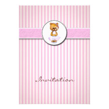 Ballerina Bear Pink Candy Stripe Invitation