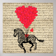 Ballons vintages drôles de zèbre et de coeur affiche