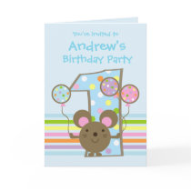 Balloon Mouse Blue 1st Birthday Party Invitation Card