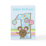Balloon Mouse Blue Happy 1st Birthday Card