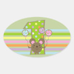 Balloon Mouse Green 1st Birthday Oval Stickers