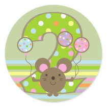 Balloon Mouse Green 2nd Birthday Round Stickers
