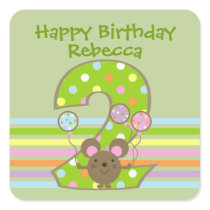 Balloon Mouse Green 2nd Birthday Square Stickers