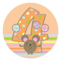 Balloon Mouse Orange 4th Birthday Round Stickers