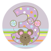 Balloon Mouse Purple 3rd Birthday Round Stickers