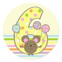 Balloon Mouse Yellow 6th Birthday Round Stickers