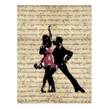 Ballroom dancers on vintage paper postcard