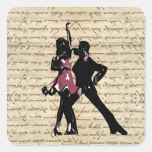 Ballroom dancers on vintage paper square sticker