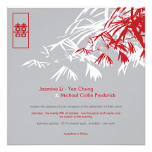Bamboo Leaves + Double Xi Grey Wedding Invitation