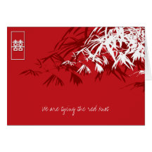 Bamboo Leaves + Double Xi Red White Invitation 2 Card