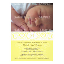 Baptême/baptême jaunes de monogramme de damassé invitation personnalisable