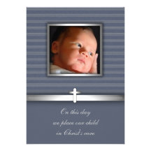 Baptême de photo de bébé de rayure bleue invitations personnalisables