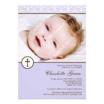 Baptême lilas de baptême de photo de fille de croi invitations