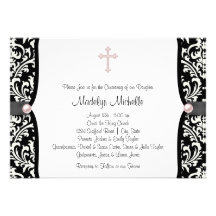 Baptême noir rose croisé de damassé de perle invitations personnalisées