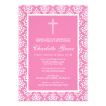 Baptême rose de baptême de fille de croix de damas invitations