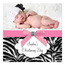 Baptême rose de photo de bébé de zèbre invitation personnalisable