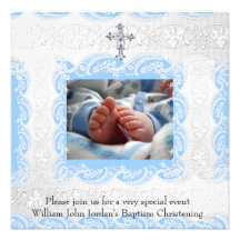 Baptism Blue White Lace Photo Jewel Cross Boy Personalized Invites