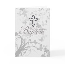 Baptism Card With Cross Flowers Butterflies