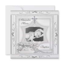 Baptism Christening White Star Photo Cross Bow Personalized Invites